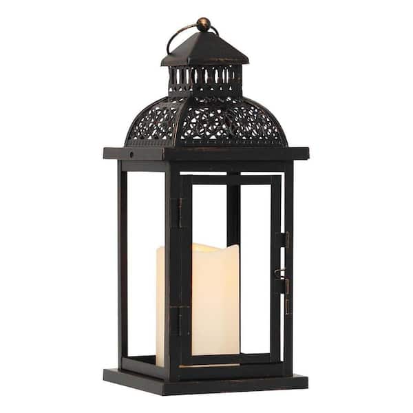 15 in. x 5 in. Black Metal Vintage Lantern with LED Candle