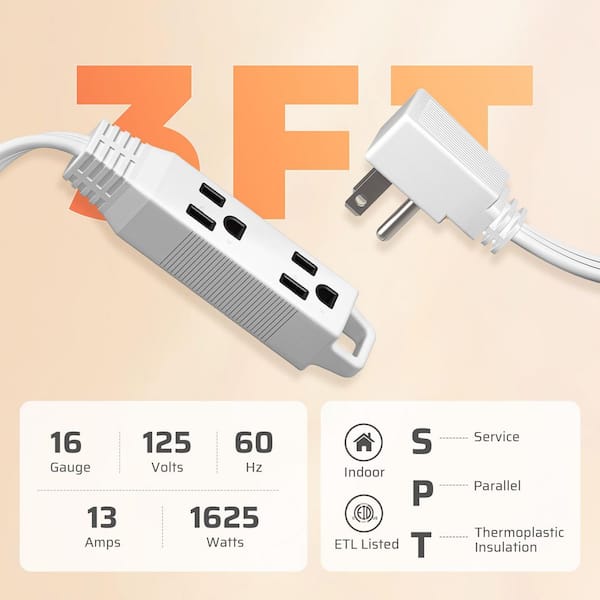 3 ft. 16 / 3-Gauge Indoor Extension Cord with 3-Prong 3 Outlets and SPT-3 Cord, White, 3 Pack