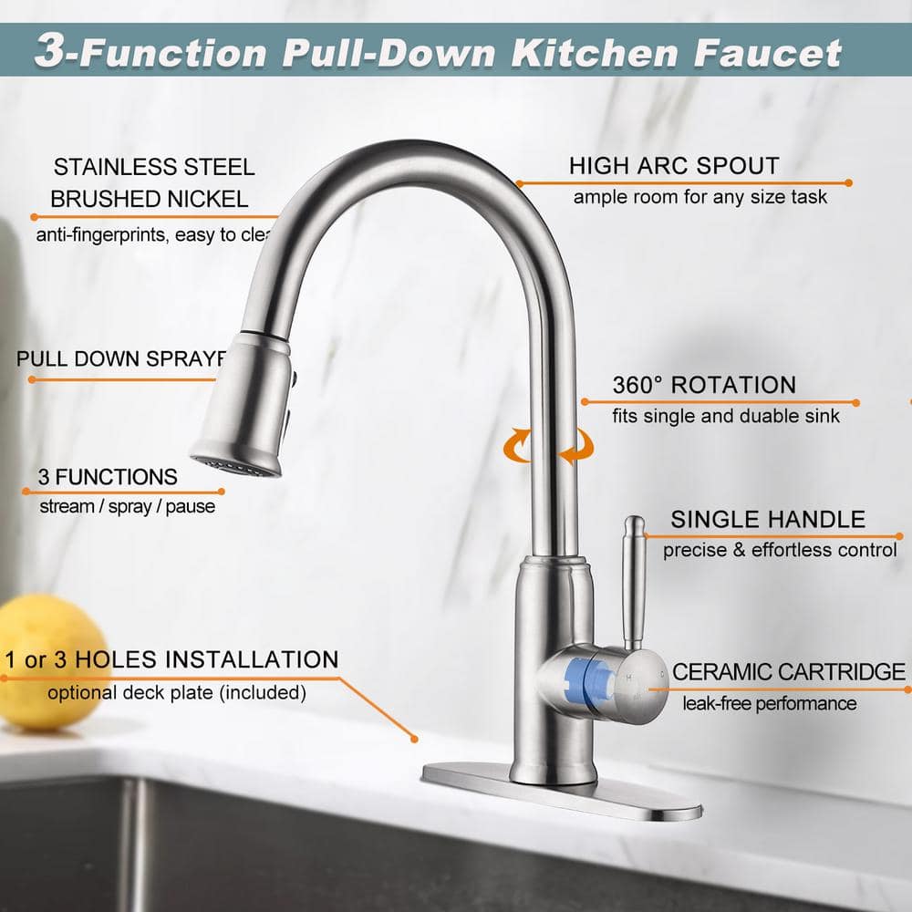 Brushed Nickel Stainless Steel Pull-Down Kitchen Faucet with Soap Dispenser