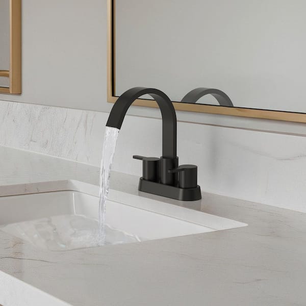 4 in. Waterfall Centerset Double-Handle Bathroom Sink Faucet Drain Included in Matte Black