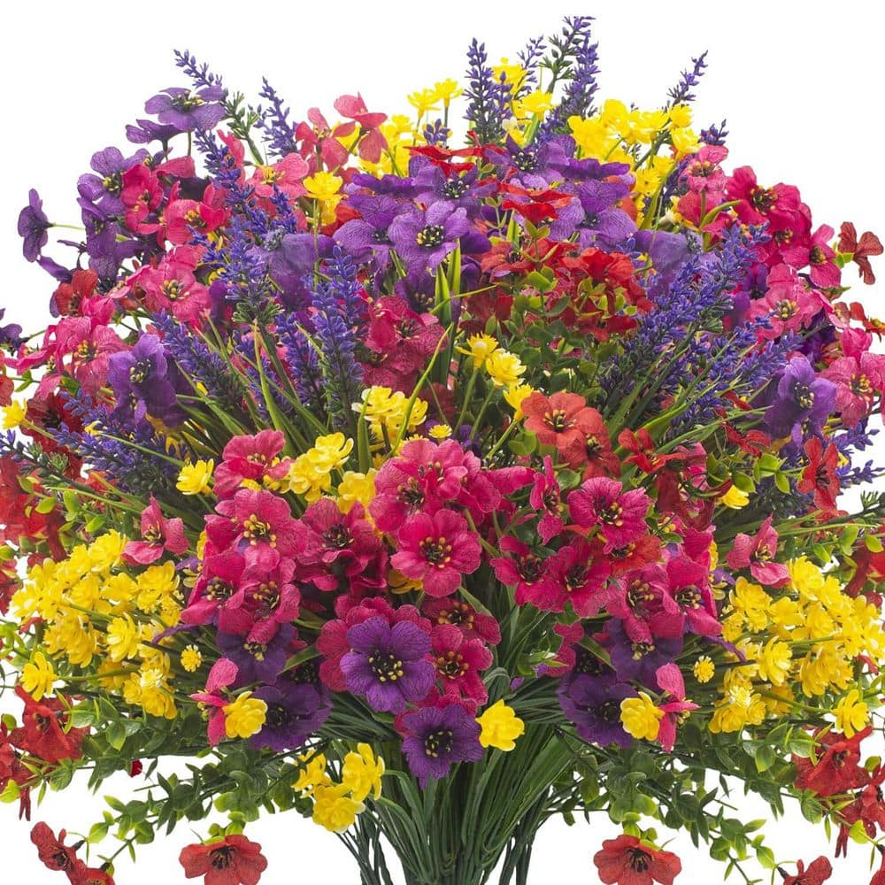 4.2 in. 20-Pack Artificial UV Resistant Shrubs Outdoor Red Yellow
