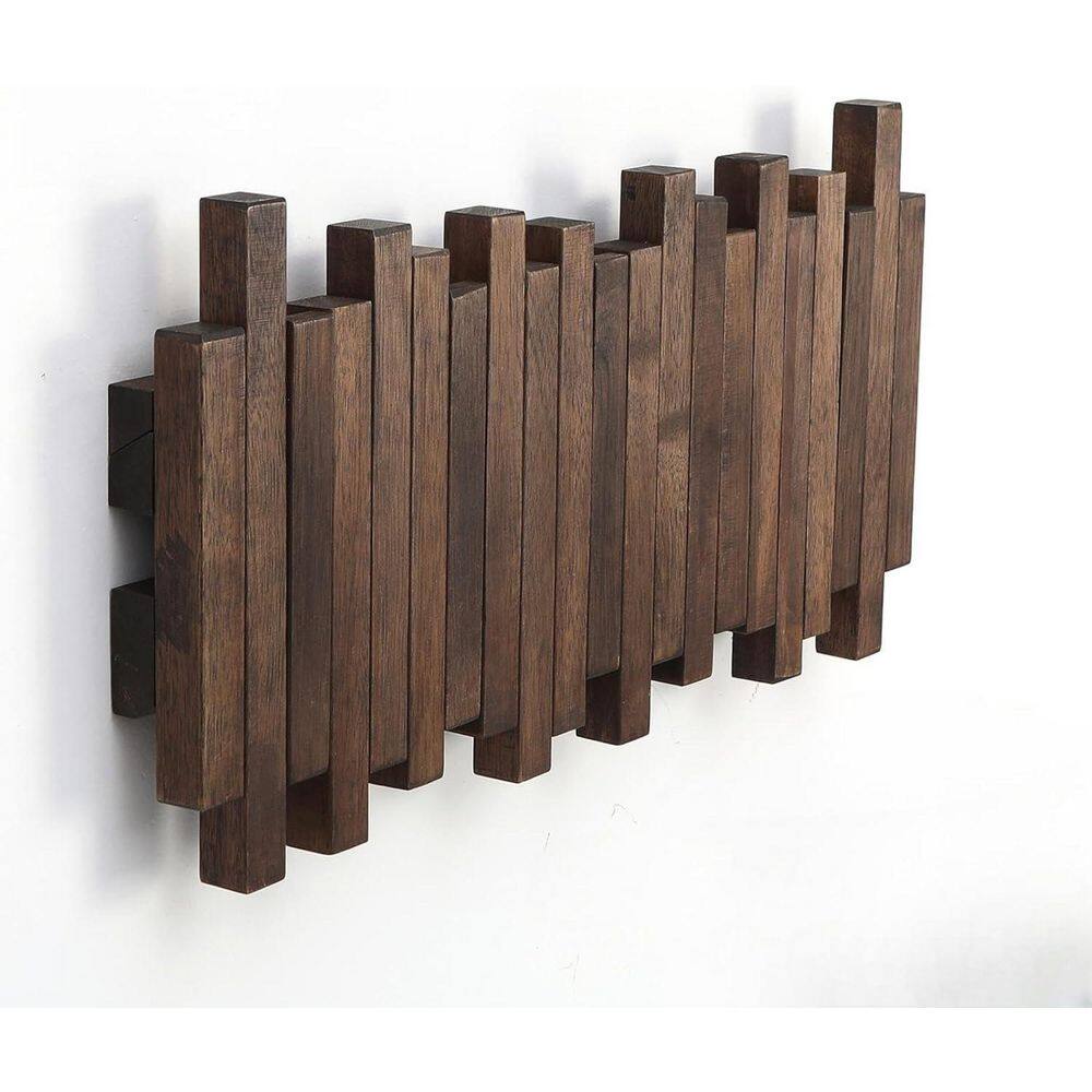 5 Hooks Brown Wall Mounted Piano Coat Rack, Acacia Wood Coat Rack Wall Art Mount
