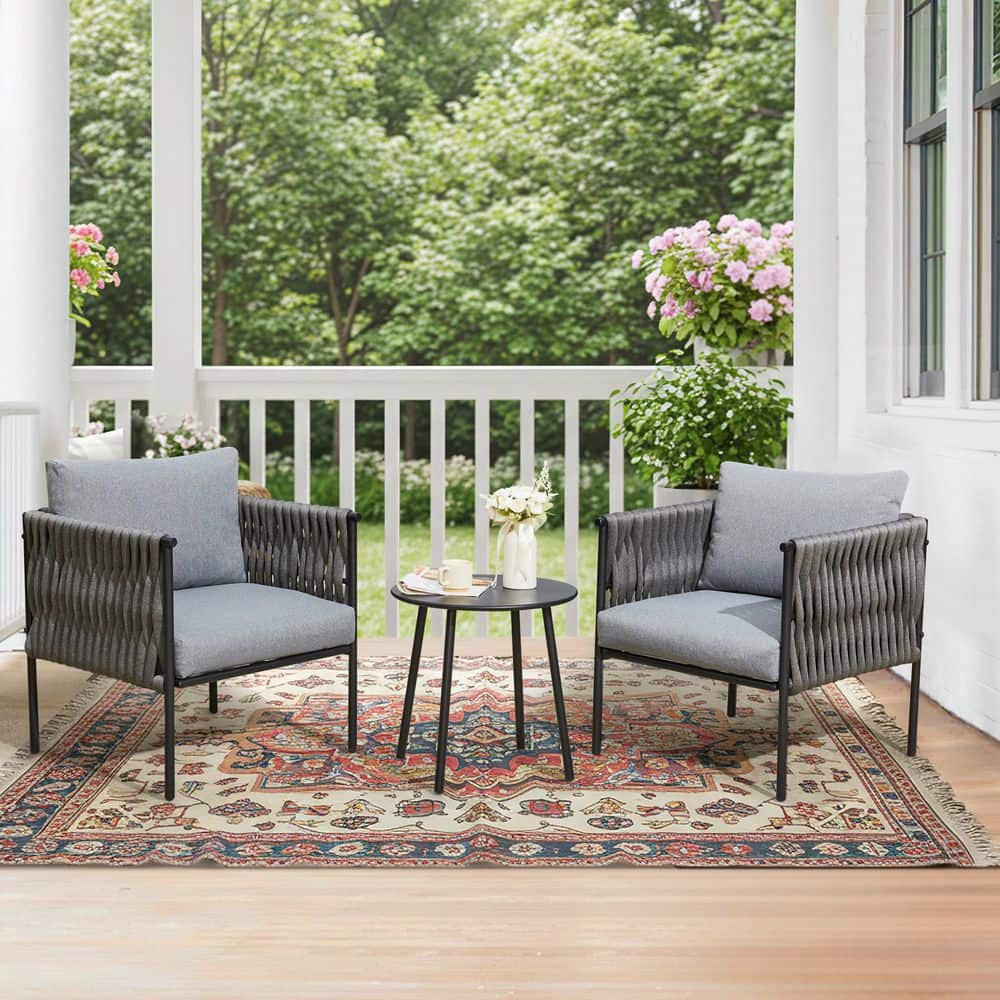 3-Piece Wicker Outdoor Bistro Set with Iron Rope Armchairs, Coffee Table, Modern Patio Furniture Set with Gray Cushions price history on PriceWatchPro