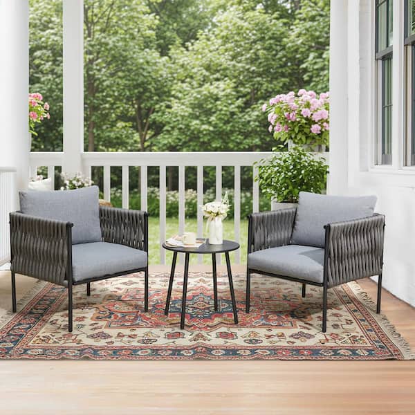 HOMMOW 3-Piece Wicker Outdoor Bistro Set with Iron Rope Armchairs, Coffee Table, Modern Patio Furniture Set with Gray Cushions