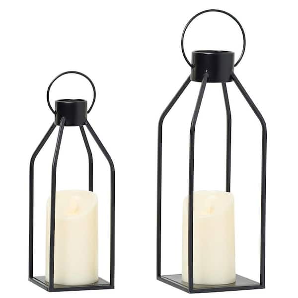 Unbranded 15 in. x 4.5 in. Black Metal Farmhouse Lantern with LED Candle, Set of 2