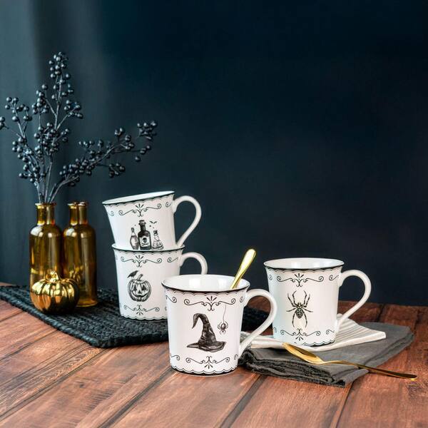 222 Fifth Elegant Haunting 4-Piece White Porcelain Halloween Mug Set - Witch Hat, Jack-o-Lantern, Potion Bottles & Spider - 20.29 oz