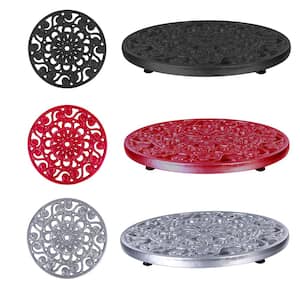 7.75 in. Decorative Cast Iron Metal Trivets (Black, Red and Silver, Set of 3)