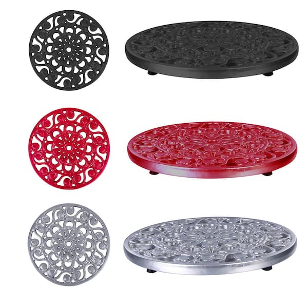 Trademark Innovations 7.75 in. Decorative Cast Iron Metal Trivets (Black, Red and Silver, Set of 3)