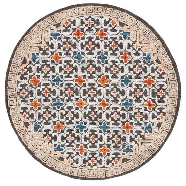 Aspen Blue/Taupe 6 ft. x 6 ft. Floral Diamond Round Area Rug
