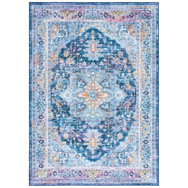 Orlando 5 ft. x 8 ft. Light Blue/Navy Vintage Distressed Medallion Washable Area Rug