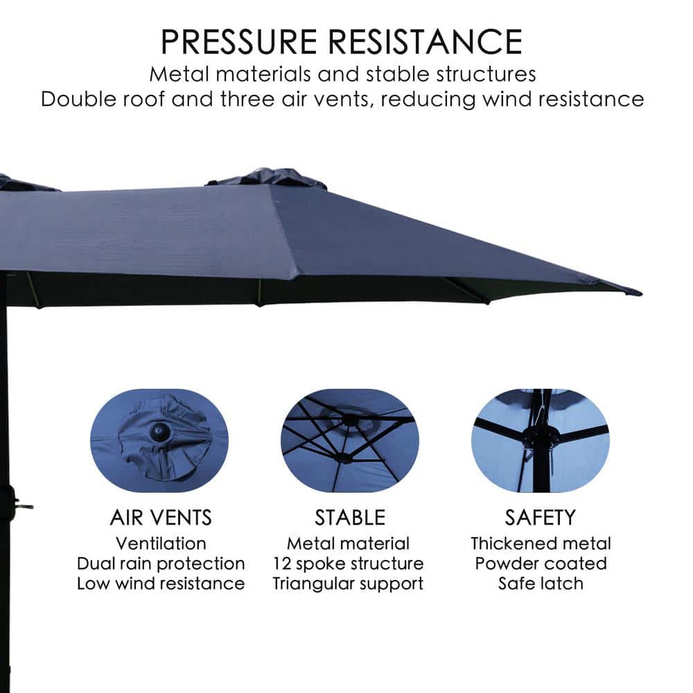 15ft Dark Blue Water Resistant Double-Sided Patio Umbrella
