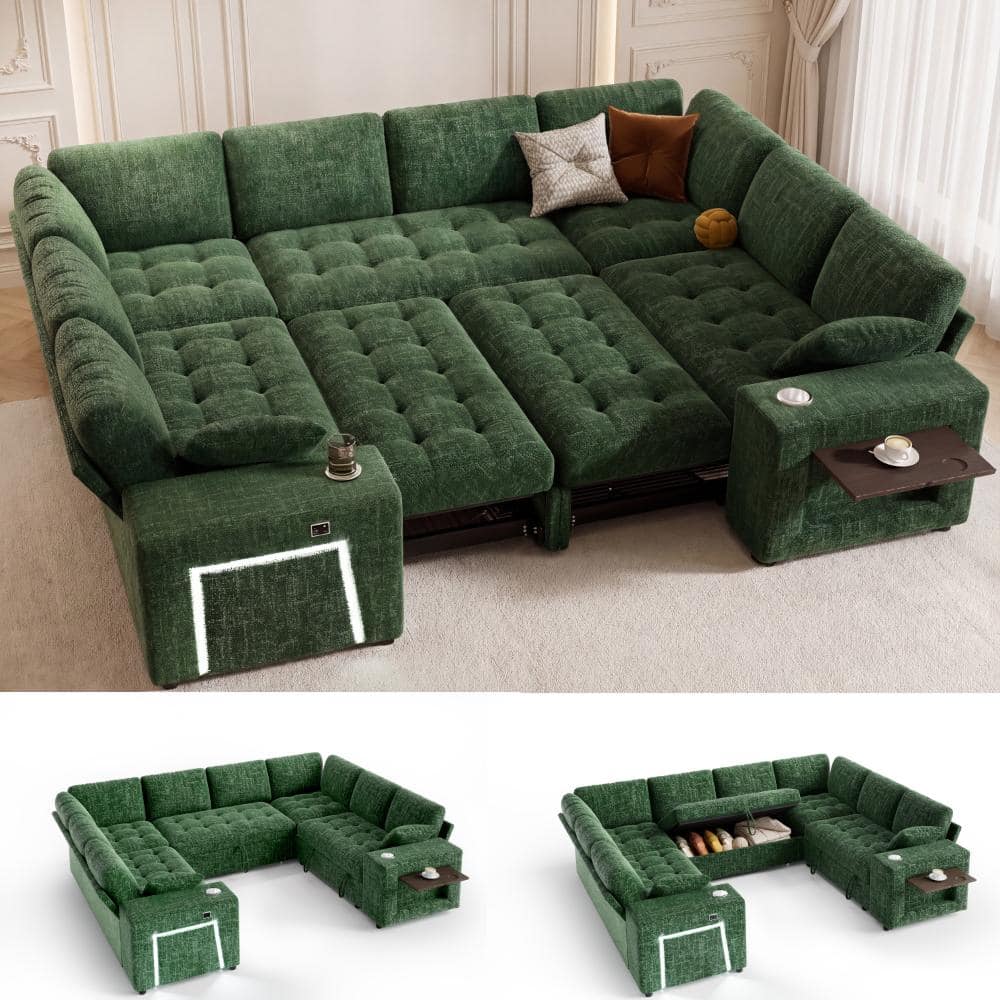 "111"" U Shaped Modular Sectional Sleeper Sofa with Pull Out Bed,8 Seat Green Chenille Couch with 2 Pull-Out Beds" price history on PriceWatchPro