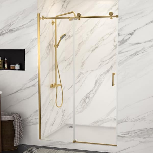 48 to 48 4/5 in. W x 76 in. H Framedless Single Sliding Shower Door in Gold with 5/16 in. (8mm) Tempered Clear Glass