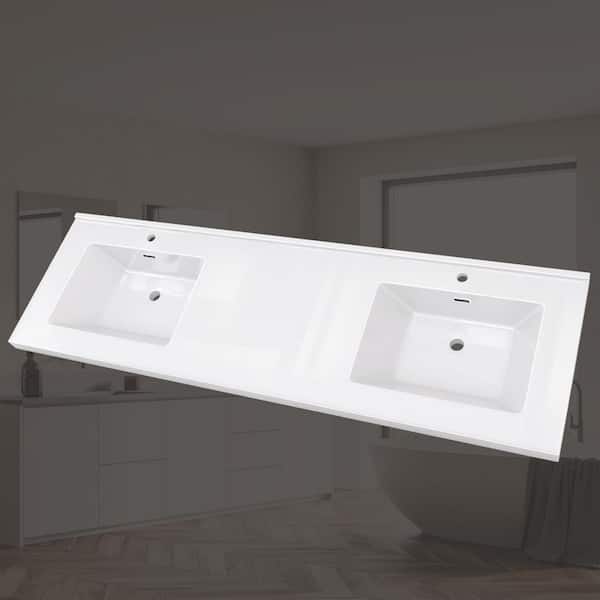 72 in. W x 22 in. D Solid Surface White Rectangular Double Sink Bathroom Vanity Top with Pre-drilled Single Faucet Hole