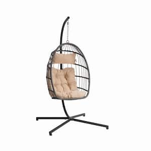 Khaki Cushion Metal Outdoor Garden Rattan Egg Swing Chair Hanging Chair Dark