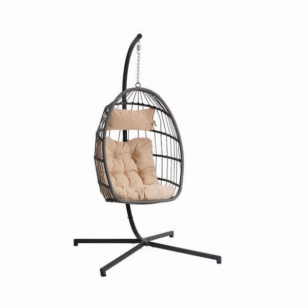 Unbranded Khaki Cushion Metal Outdoor Garden Rattan Egg Swing Chair Hanging Chair Dark