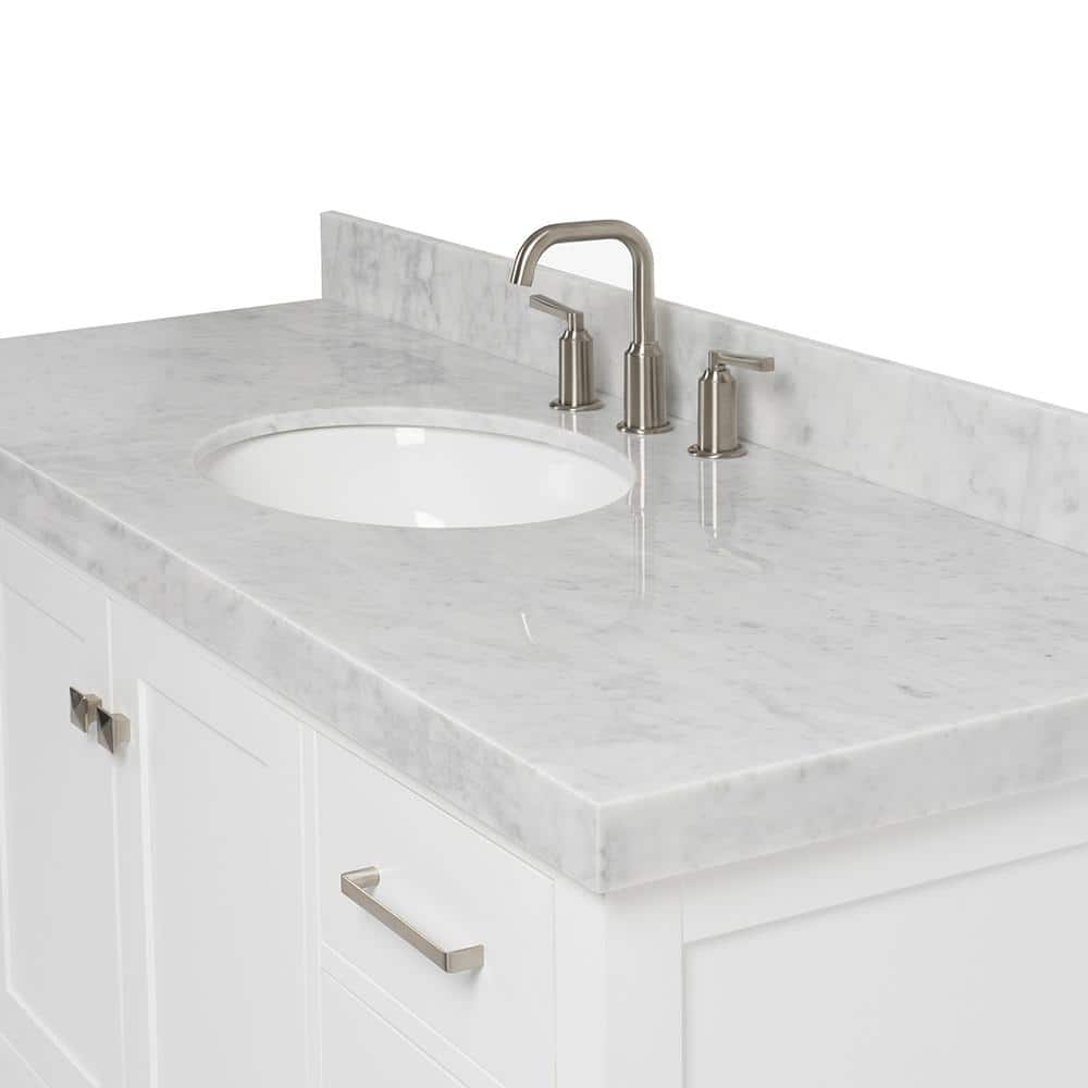 Cambridge 54" White Wood Freestanding Bathroom Vanity with Carrara Marble Top