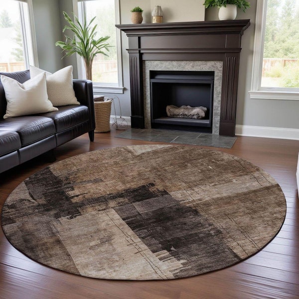 Mayfield Premium Machine Washable Abstract AMF1202 Brown 8 ft. x 8 ft. Round Rug