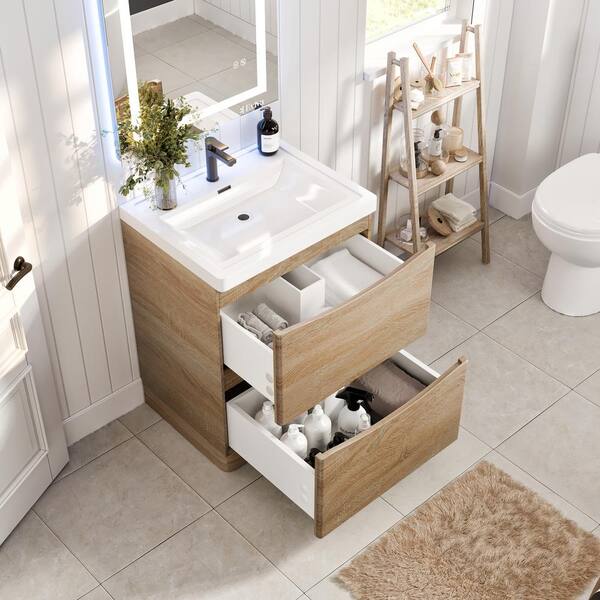 Smile 24 in. W x 16 in. D x 33.50 in. H Bathroom Vanity in White Oak with White Acrylic Top with White Sink