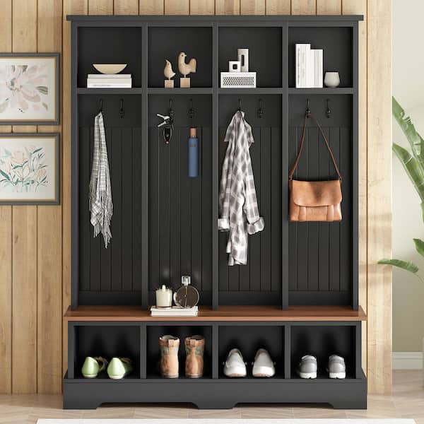 Harper & Bright Designs Modern 3-in-1 Black Wood Hall Tree with 8