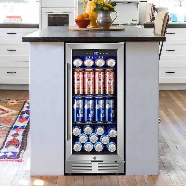 15 in. Built-In Single Zone 170-Can Beverage Refrigerator in Stainless Steel with Blue LED Interior Lighting