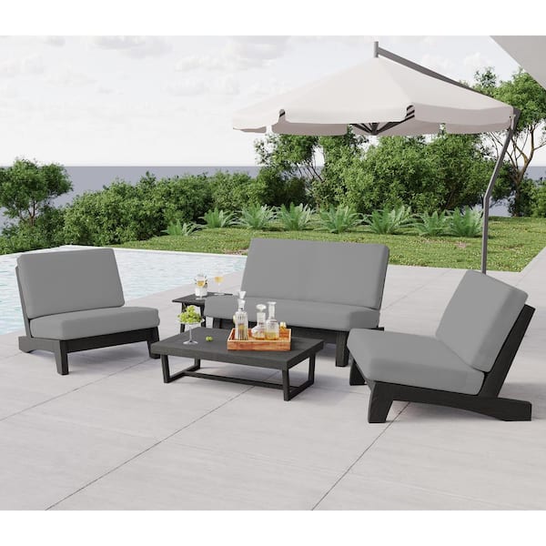 Uixe 4-Piece Acacia Wood Black Outdoor Club Single and Loveseat Chair Set with Removable Gray Cushions and Coffee Table