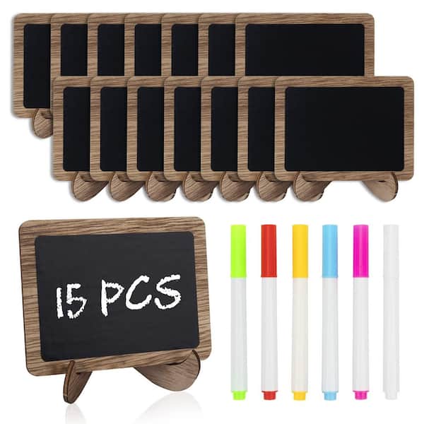 15-Pack Mini Chalkboard Signs with 6 Color Chalk Markers Wooden Blackboards Reusable for Buffet Food Table