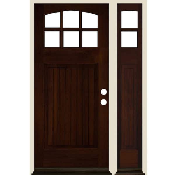Krosswood Doors 50 in. x 80 in. V-Groove Arch 6-Lite Clear Glass Red Mahogany Stain Left Hand Hemlock Wood Prehung Front Door w/RSL