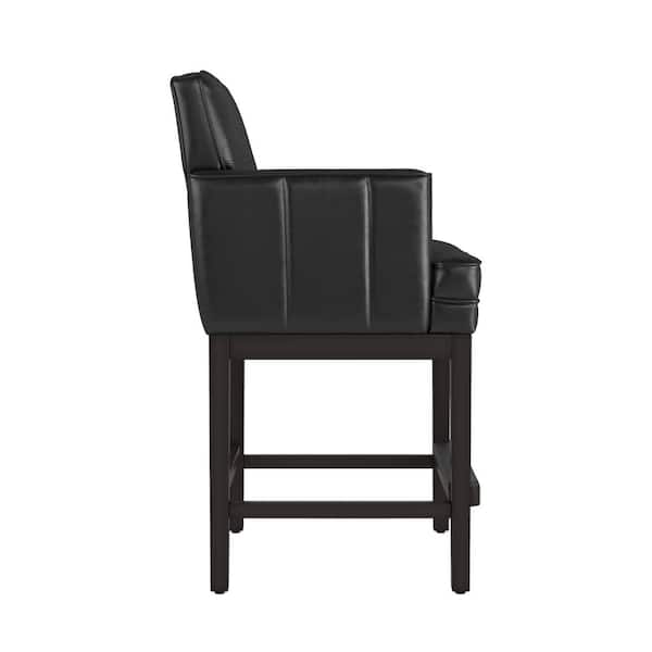 26 in H Black Faux Leather Counter Height Bar Stool Solid Wood Frame Bar Stool with Pleated Design Set of 4