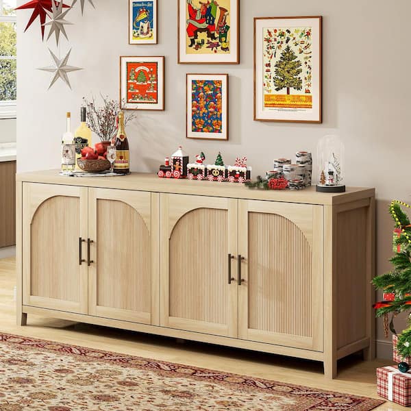 70 in. Modern Coastal Oak TV Stand Entertainment Center Fits TVs Up to 75 in. with 4-Arched Reeded Doors