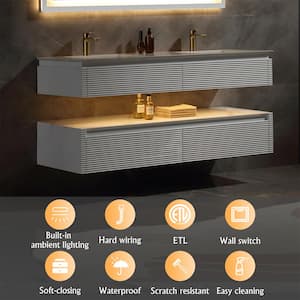 60 in. W X 20.7 in. D X 19.6 in. H Double Floating Sink Solid Wood Bath Vanity in White with White Marble Top and Lights