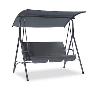 3-Person Gray Steel Porch Swing Chair with Side Bags and Adjustable Canopy