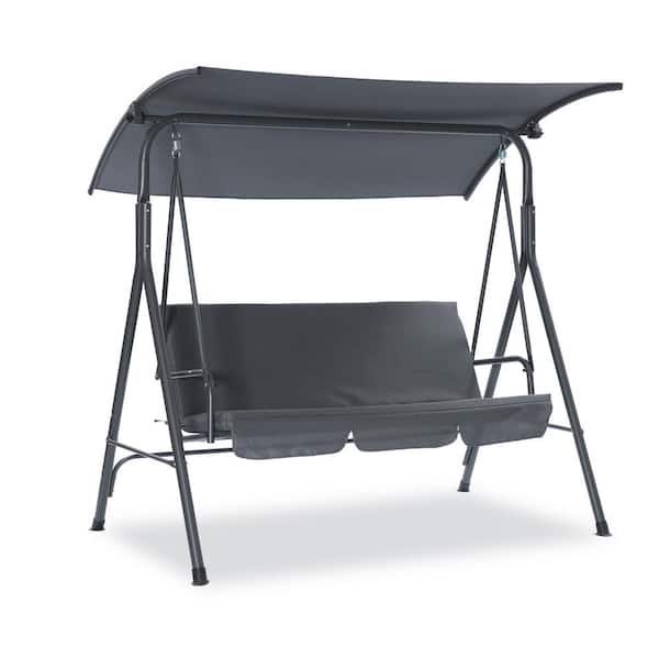 Cesicia 3-Person Gray Steel Porch Swing Chair with Side Bags and Adjustable Canopy
