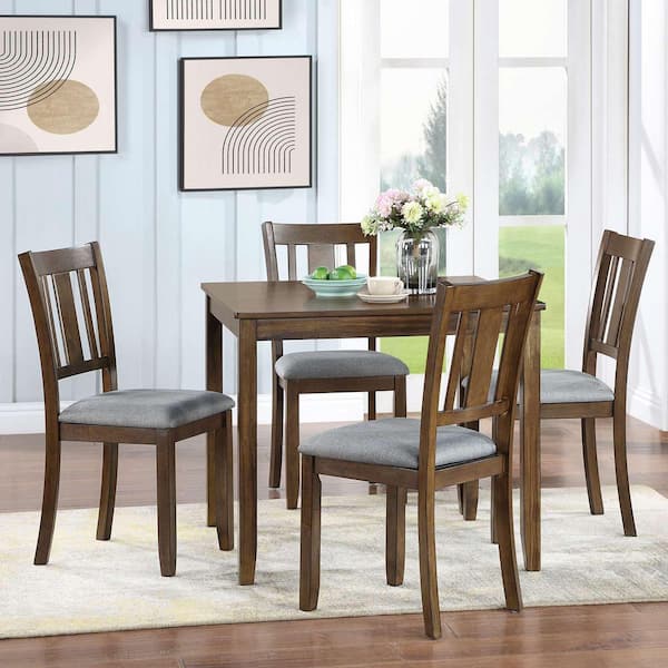 5-Piece Square Walnut Wood Top Dining Room Set Seats 4