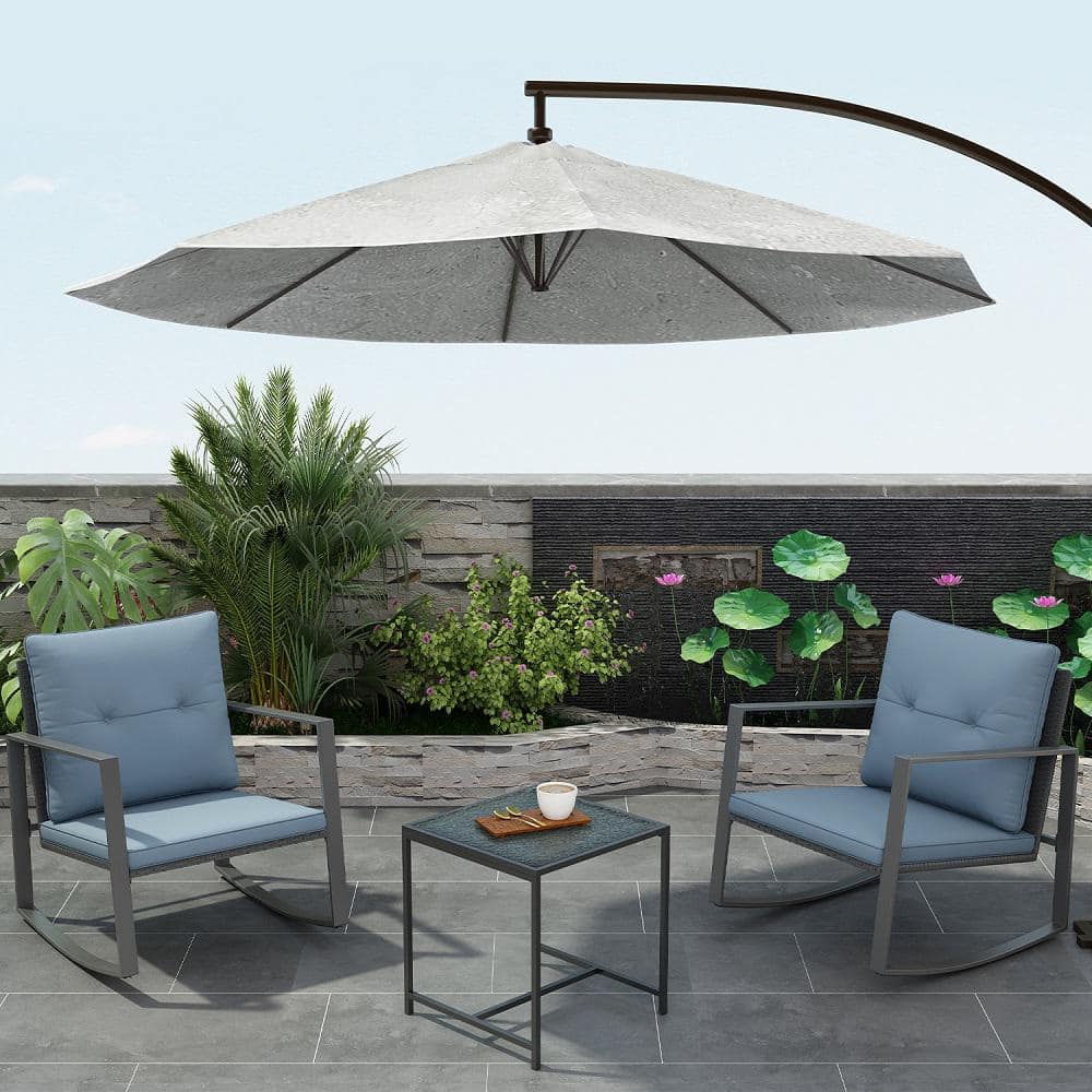 Gray Cushioned Steel Rocking Bistro Set with Glass Table