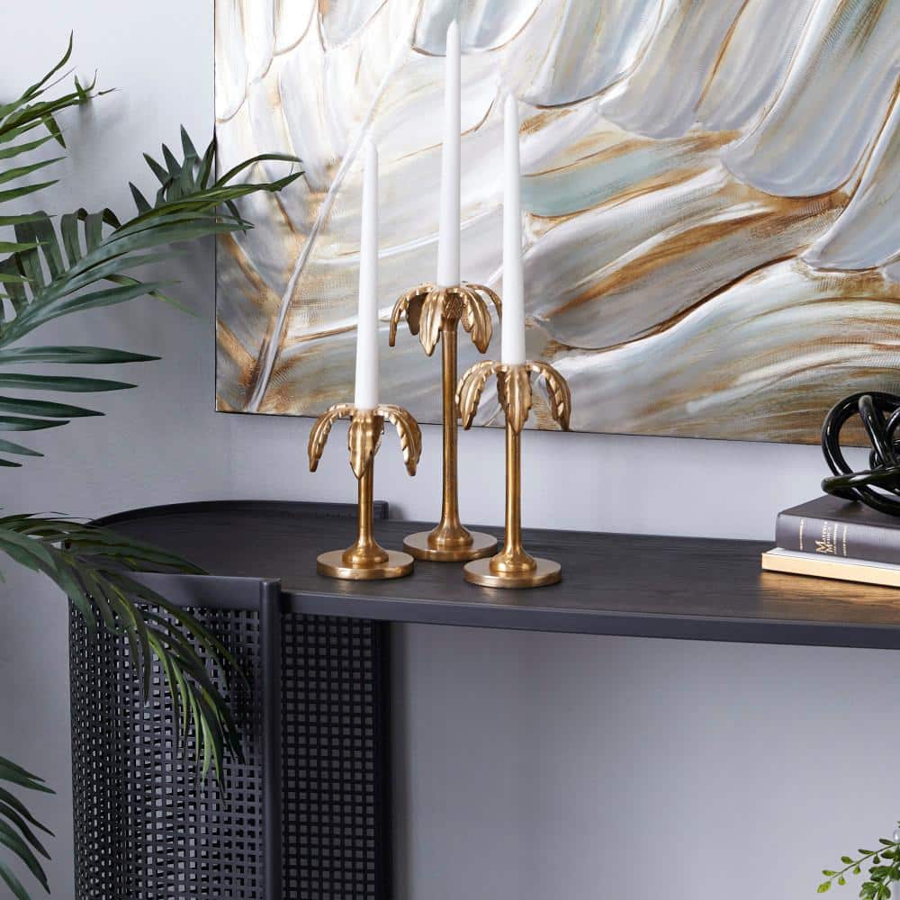 Gold Aluminum Palm Tree Taper Candle Holders Set of 3