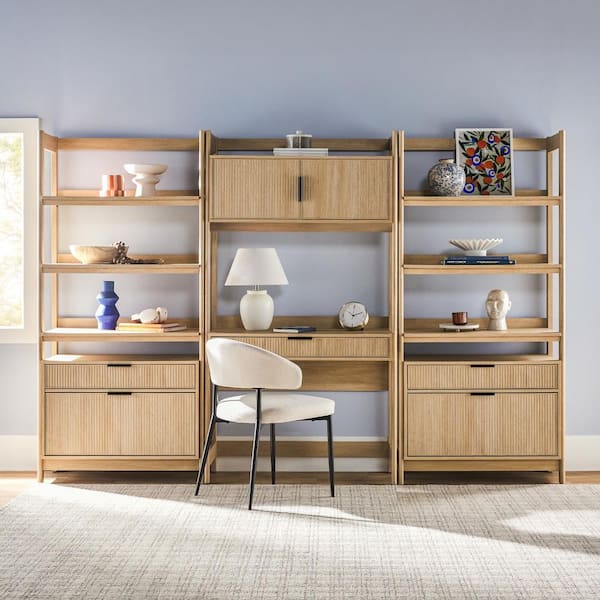 Walker Edison Furniture Company 3-Piece Transitional Coastal Oak Reeded 38 in. Hutch Desk with 2-Wide Modern Bookcases