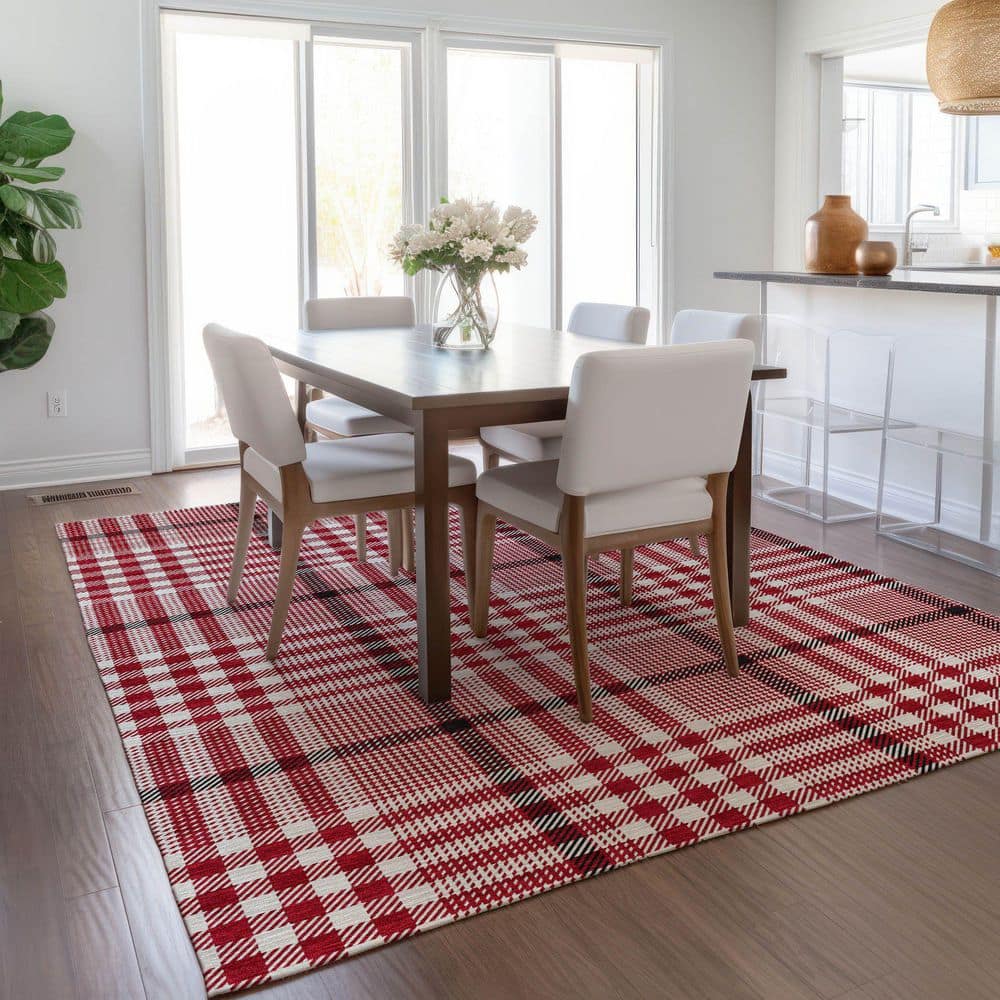 Red Plaid Synthetic Washable Indoor Outdoor Rug 3' x 5'