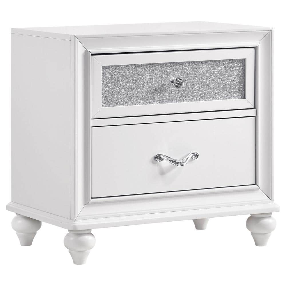White Glam 2-Drawer Nightstand with Crystal Hardware