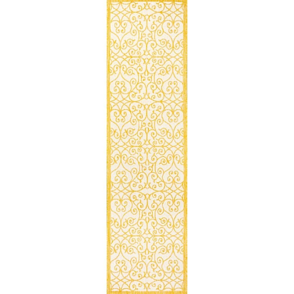 Madrid Vintage Filigree Textured Weave Cream/Yellow 2 ft. x 10 ft. Indoor/Outdoor Runner Rug