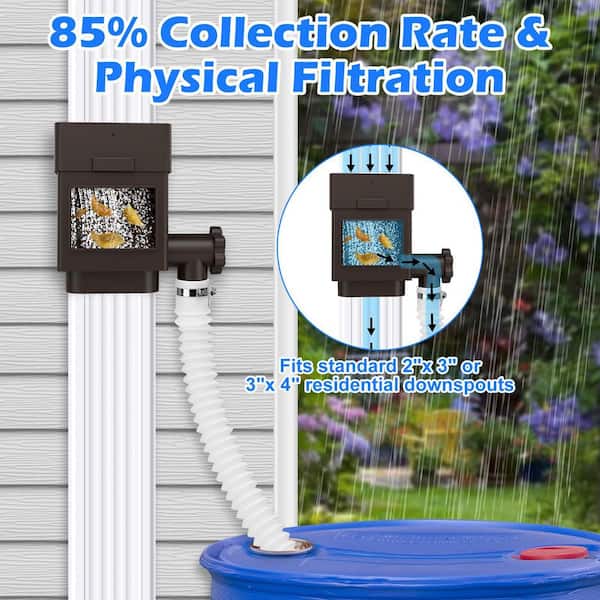 Rain Barrel Diverter Kit, Brown, Fits 2 x 3 or 3 x 4 in. Downspouts, Adjustable Valve and Filter