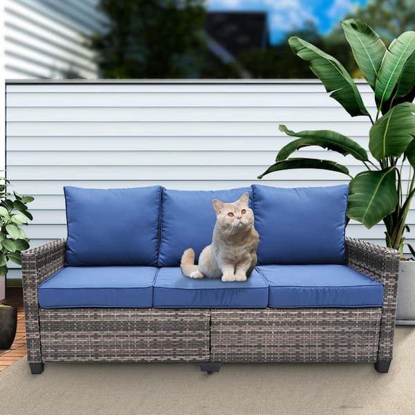 3-Piece Rattan Wicker Patio Outdoor Sectional Set Sofa with Blue Cushions