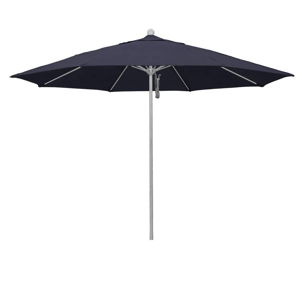 11 ft. Grey Woodgrain Aluminum Market Patio Umbrella with Fiberglass Ribs Pulley Lift in Navy Blue Sunbrella price history on PriceWatchPro