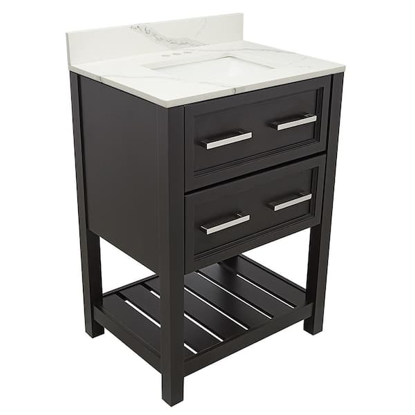 Amluxx Milan 25 in. W x 19 in. D Bath Vanity in Espresso with Quartz Stone Vanity Top in Calacatta White with White Basin