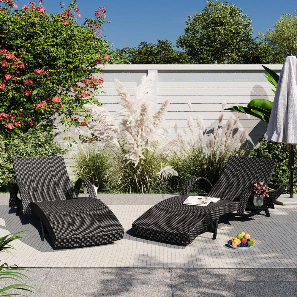 Black 2-Piece Wicker Outdoor Chaise Lounge Adjustable Backrest Ergonomic Wa