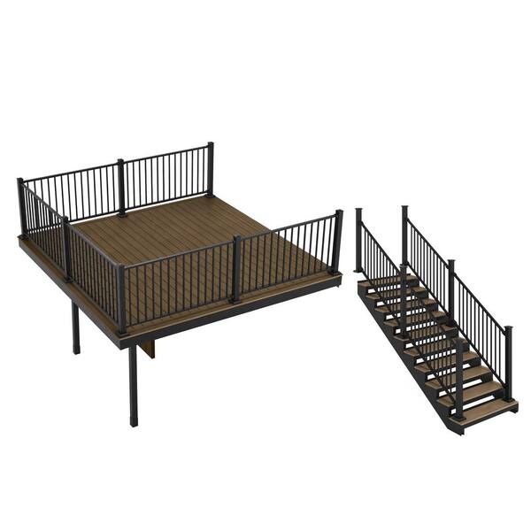 FORTRESS Apex Attached 12 ft. x 12 ft. Brazilian Teak PVC Deck Kit and 5-Step Stair Kit with Steel Framing and Aluminum Railing