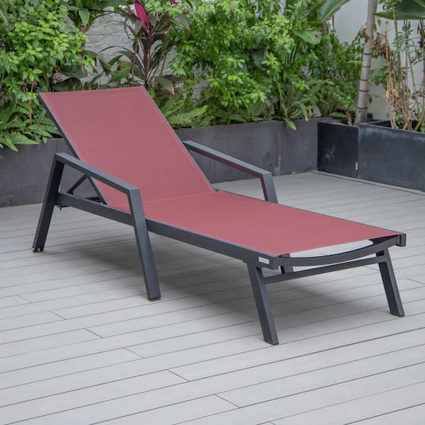 Leisuremod Marlin Outdoor Patio Chaise Lounge Chair with Arms in Black Aluminum Reclining Backrest Mesh Sling Seat in Burgundy