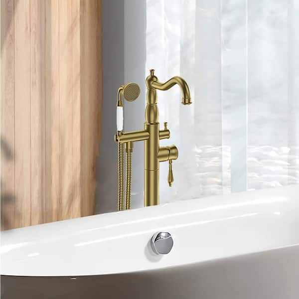 Staykiwi 2-Handle Freestanding Tub Faucet with Hand Shower in Brushed Gold
