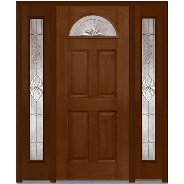 MMI Door 60 in. x 80 in. Heirloom Master Left-Hand 1/4-Lite Decorative Fiberglass Mahogany Prehung Front Door with Sidelites