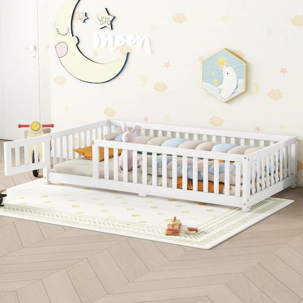 ANBAZAR White Pine Twin Size Floor Kids Bed with Safety GuardRails and Door